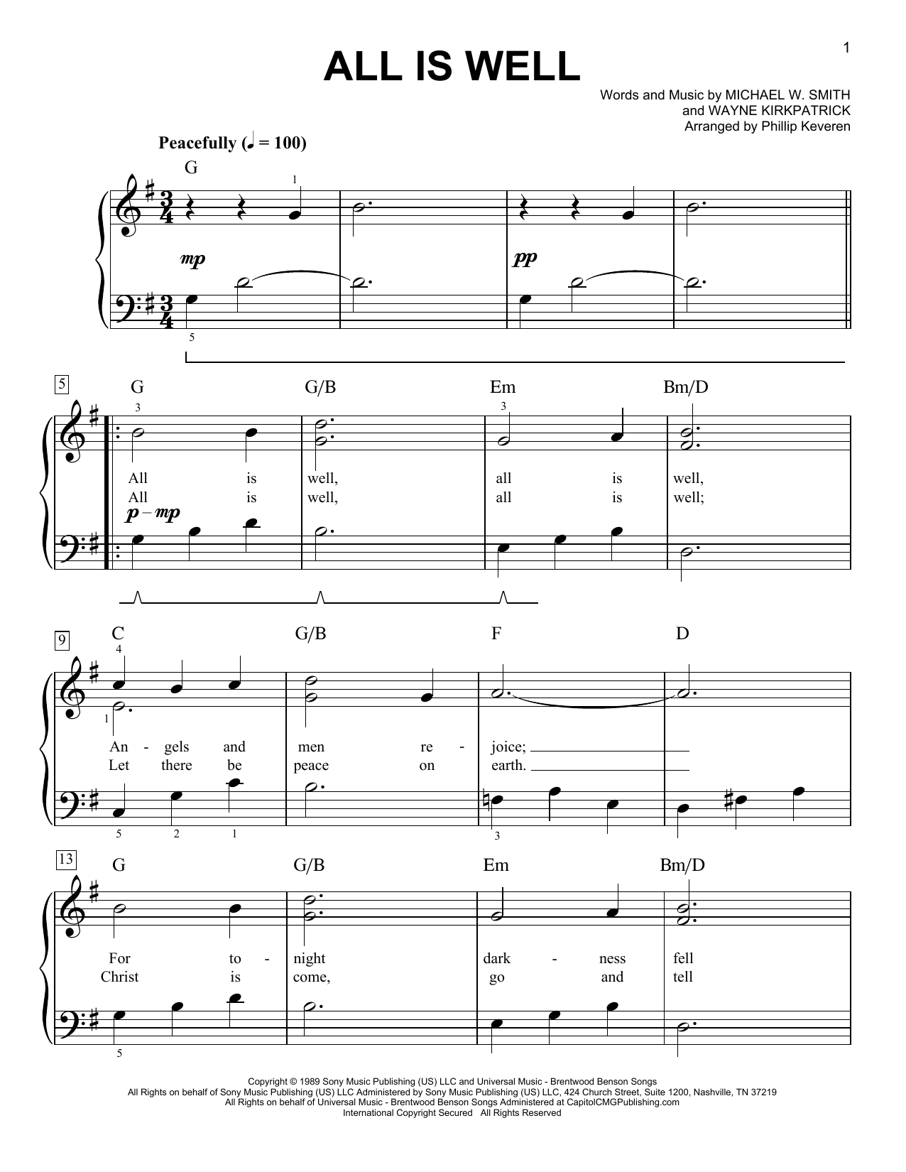 Download Michael W. Smith All Is Well (arr. Phillip Keveren) Sheet Music and learn how to play Easy Piano PDF digital score in minutes