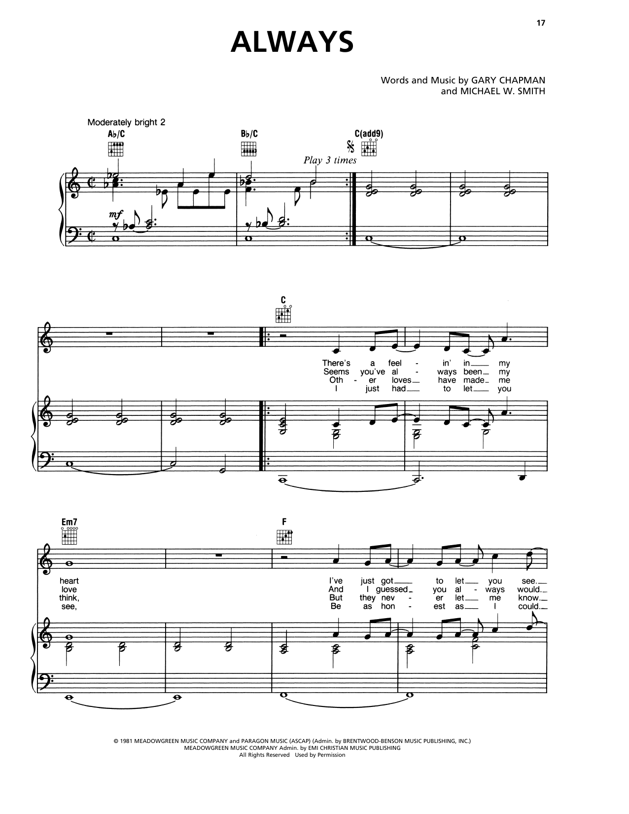 Download Michael W. Smith Always Sheet Music and learn how to play Piano, Vocal & Guitar Chords (Right-Hand Melody) PDF digital score in minutes