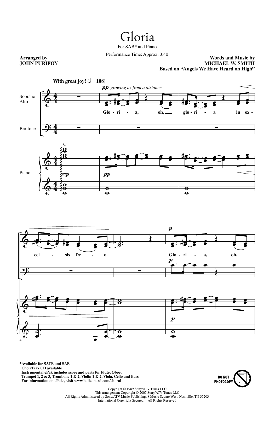 Download Michael W. Smith Gloria (arr. John Purifoy) Sheet Music and learn how to play SAB Choir PDF digital score in minutes