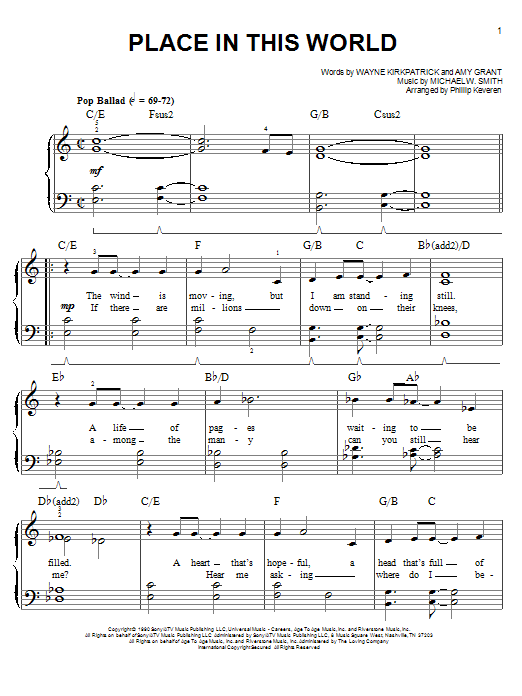 Download Michael W. Smith Place In This World Sheet Music and learn how to play Easy Piano PDF digital score in minutes