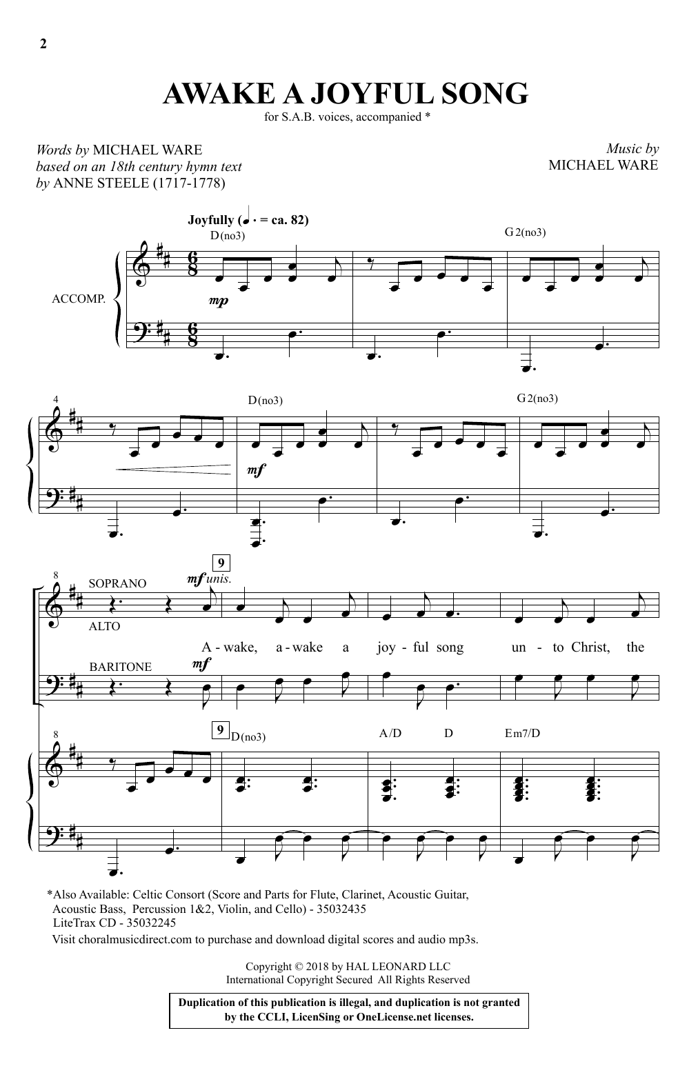 Download Michael Ware Awake A Joyful Song Sheet Music and learn how to play SAB Choir PDF digital score in minutes