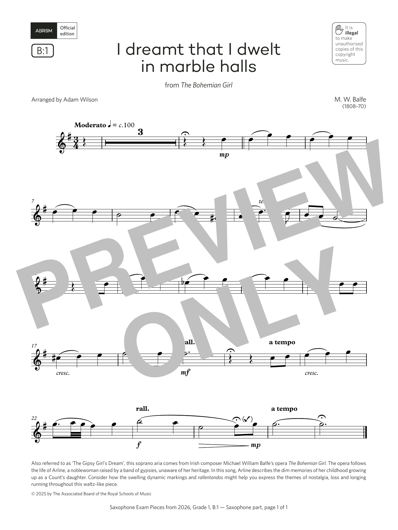 Download Michael William Balfe I dreamt that I dwelt (Grade 1, list B1, from the ABRSM Saxophone Syllabus from Sheet Music and learn how to play Alto Sax Solo PDF digital score in minutes