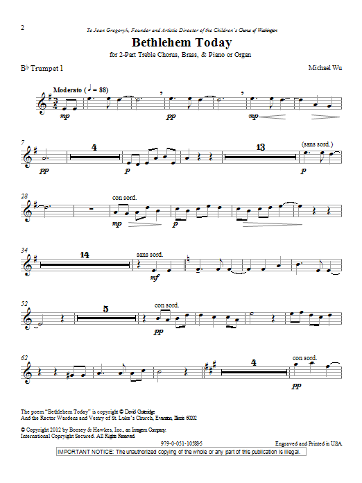 Download Michael Wu Bethlehem Today - Bb Trumpet 1 Sheet Music and learn how to play Choir Instrumental Pak PDF digital score in minutes