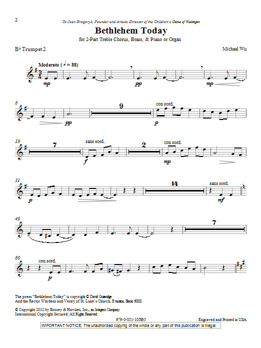 Download Michael Wu Bethlehem Today - Bb Trumpet 2 Sheet Music and learn how to play Choir Instrumental Pak PDF digital score in minutes