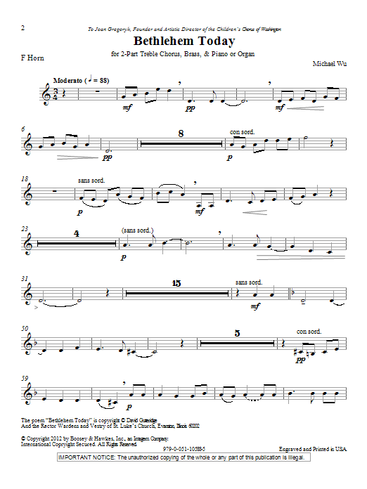 Download Michael Wu Bethlehem Today - F Horn Sheet Music and learn how to play Choir Instrumental Pak PDF digital score in minutes