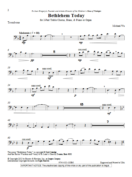 Download Michael Wu Bethlehem Today - Trombone Sheet Music and learn how to play Choir Instrumental Pak PDF digital score in minutes