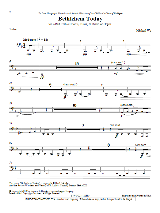 Download Michael Wu Bethlehem Today - Tuba Sheet Music and learn how to play Choir Instrumental Pak PDF digital score in minutes