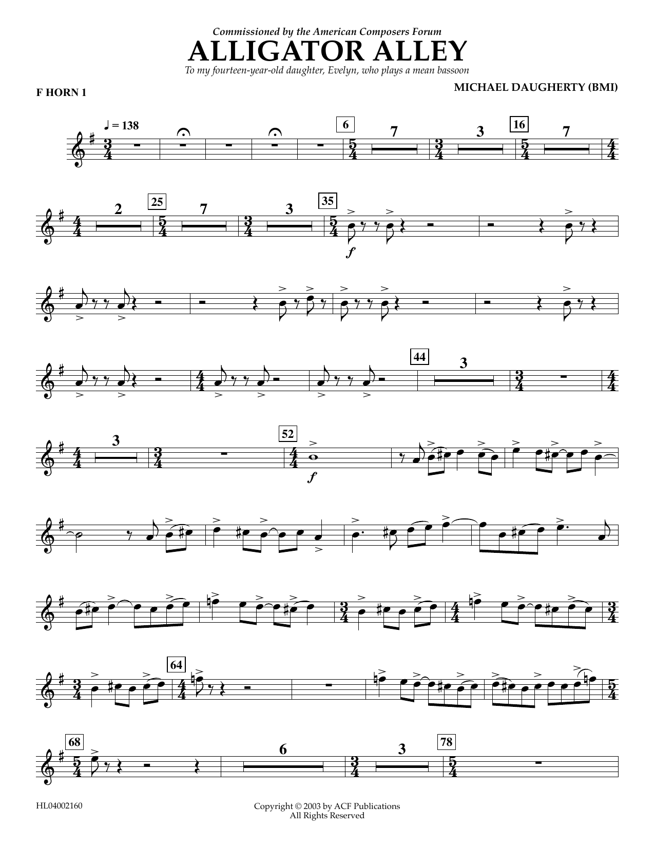 Download Michael Daugherty Alligator Alley - F Horn 1 Sheet Music and learn how to play Concert Band PDF digital score in minutes