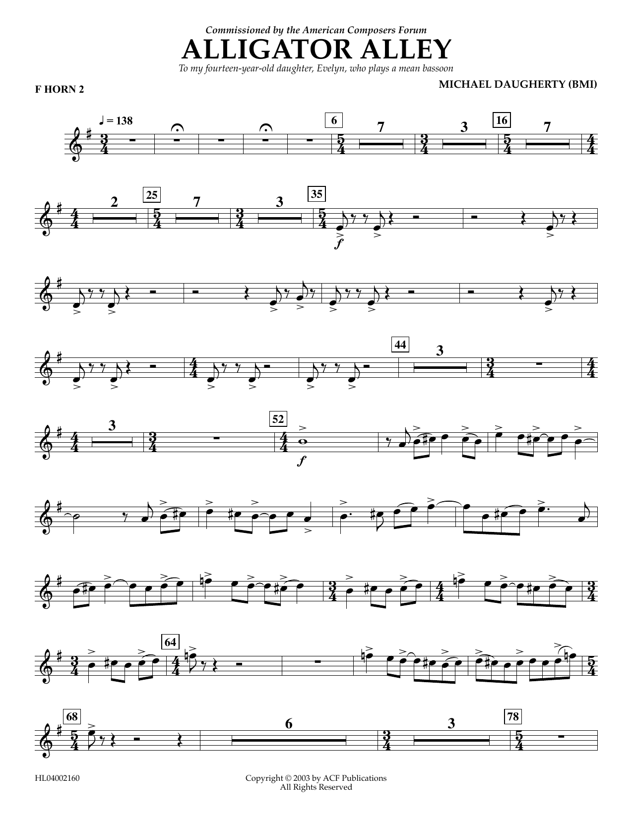 Download Michael Daugherty Alligator Alley - F Horn 2 Sheet Music and learn how to play Concert Band PDF digital score in minutes