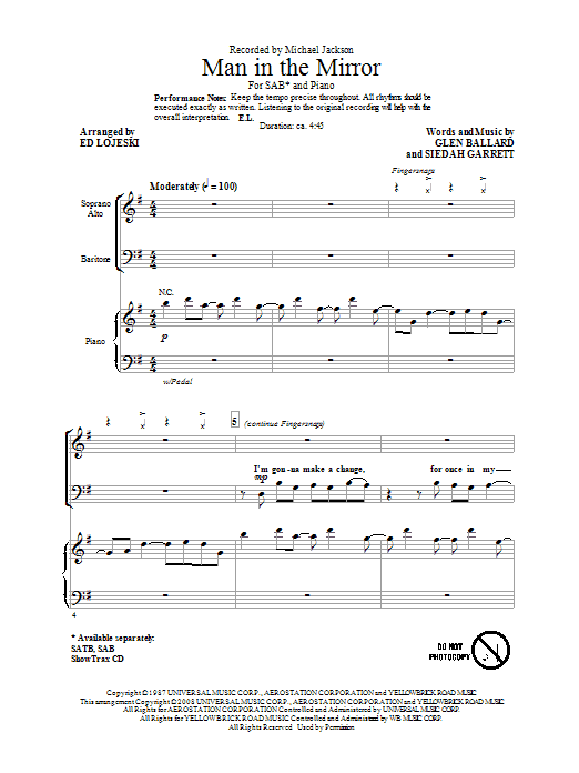 Michael Jackson Man In The Mirror Arr Ed Lojeski Sheet Music Notes Chords Ttbb Download Rock Pdf