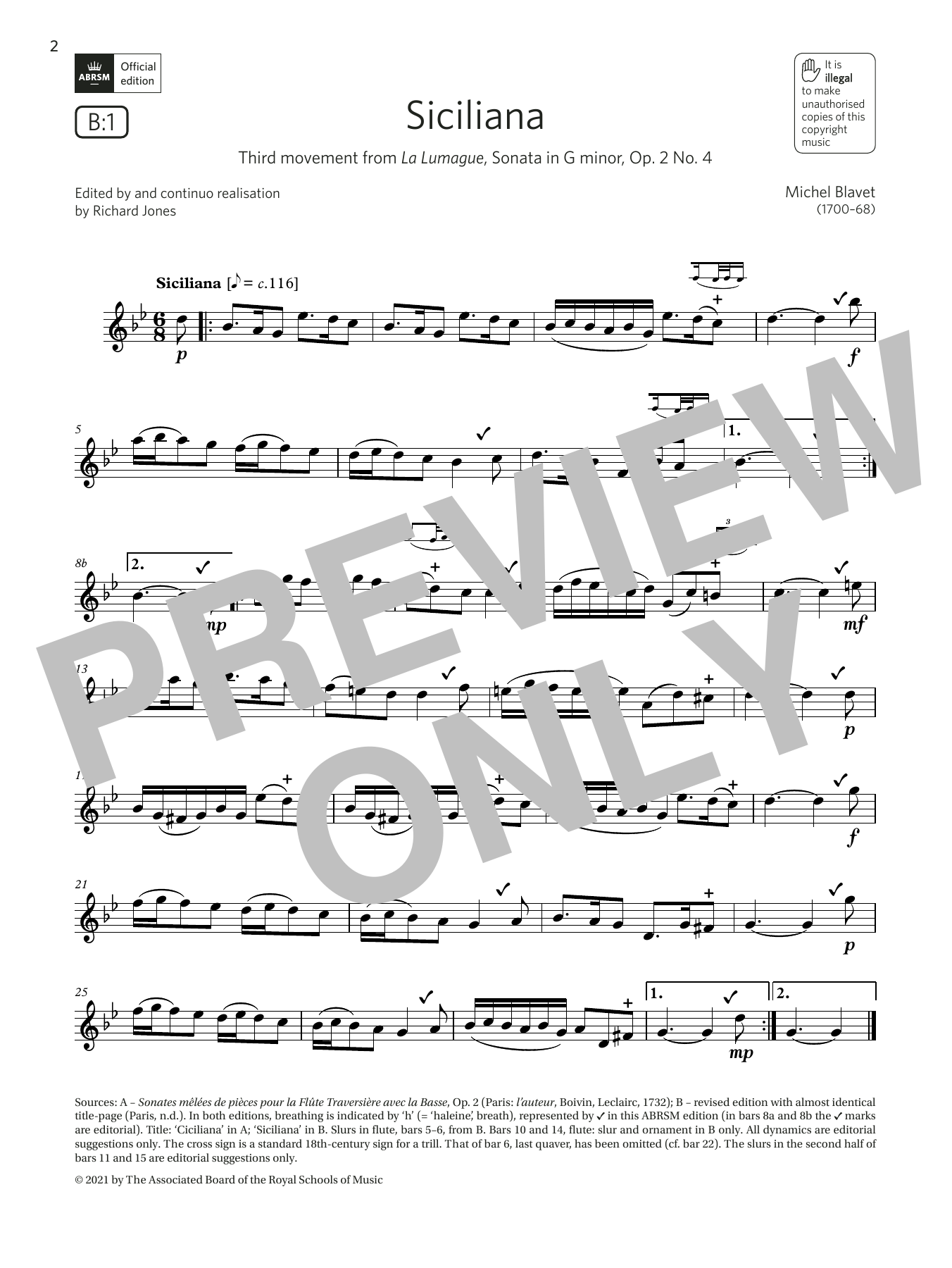 Download Michel Blavet Siciliana (from Sonata in G minor, Op2 No4) (Grade 4 B1 from the ABRSM Flute syl Sheet Music and learn how to play Flute Solo PDF digital score in minutes