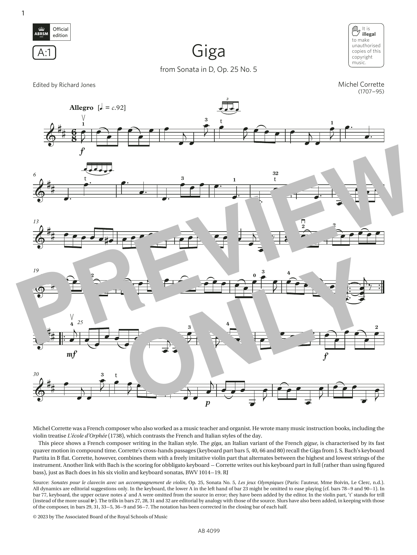 Download Michel Corrette Giga (Grade 5, A1, from the ABRSM Violin Syllabus from 2024) Sheet Music and learn how to play Violin Solo PDF digital score in minutes