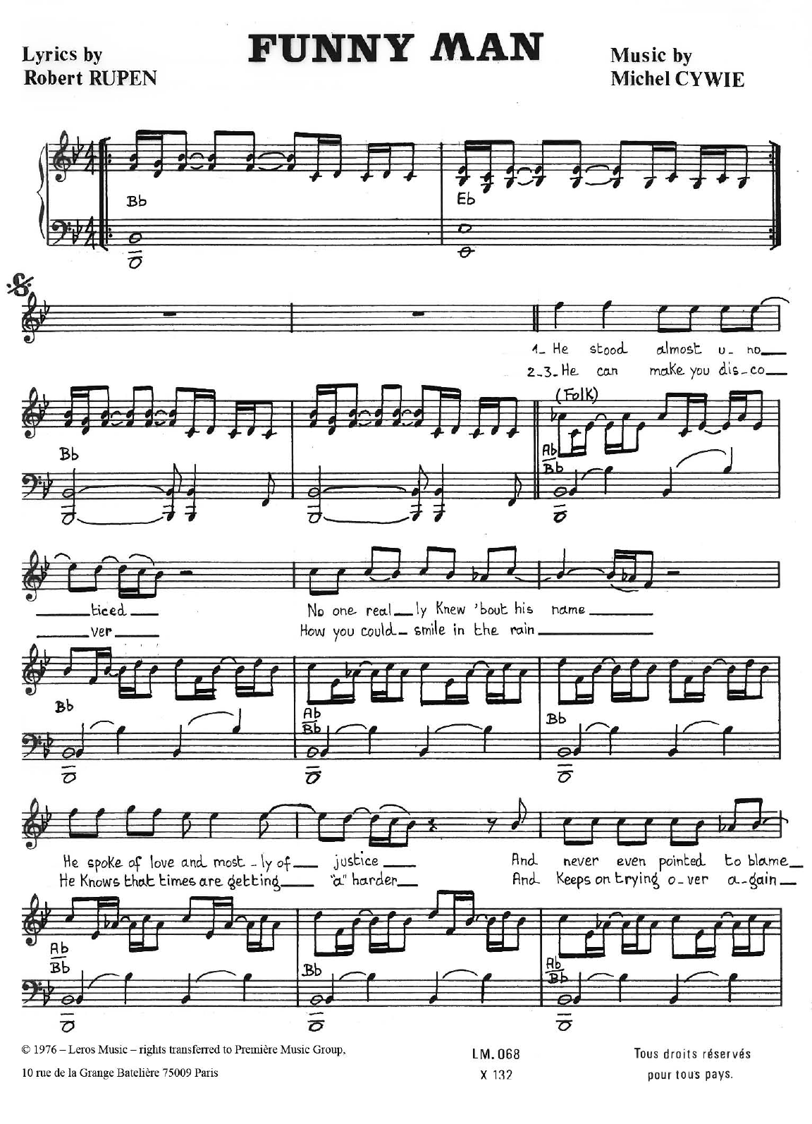 Download Michel Cywie Funny Man Sheet Music and learn how to play Piano, Vocal & Guitar (Right-Hand Melody) PDF digital score in minutes