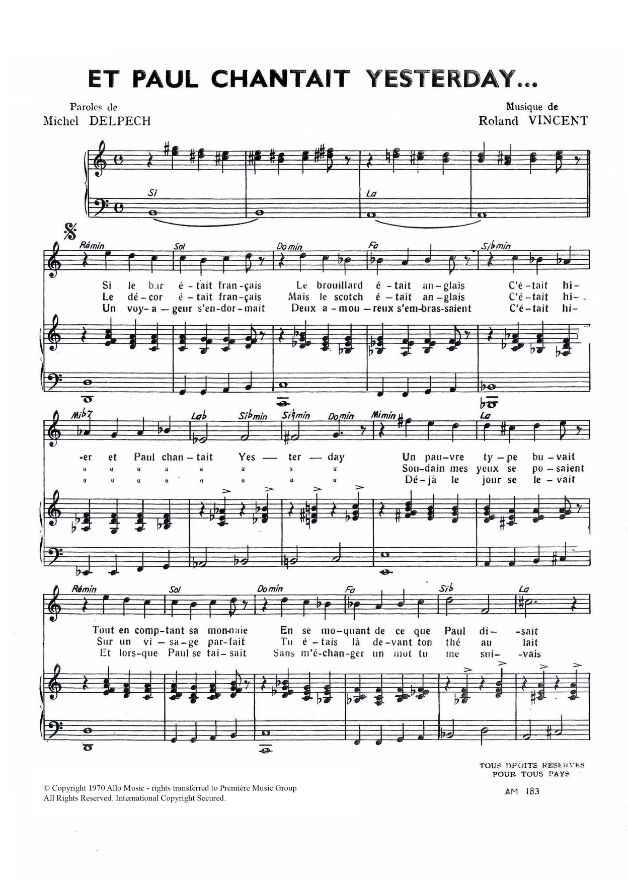 Download Michel Delpech Et Paul Chantait Yesterday Sheet Music and learn how to play Piano & Vocal PDF digital score in minutes