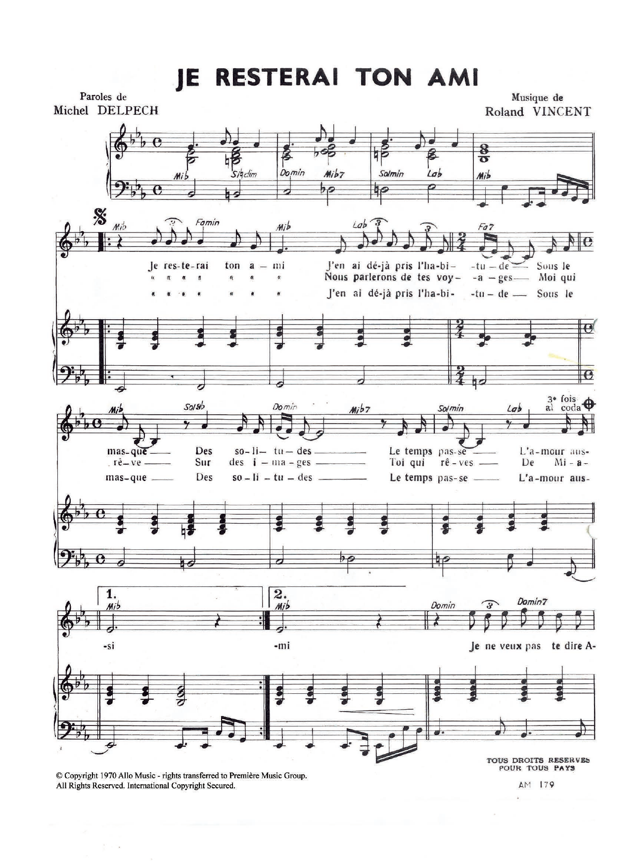 Download Michel Delpech Je Resterai Ton Ami Sheet Music and learn how to play Piano & Vocal PDF digital score in minutes