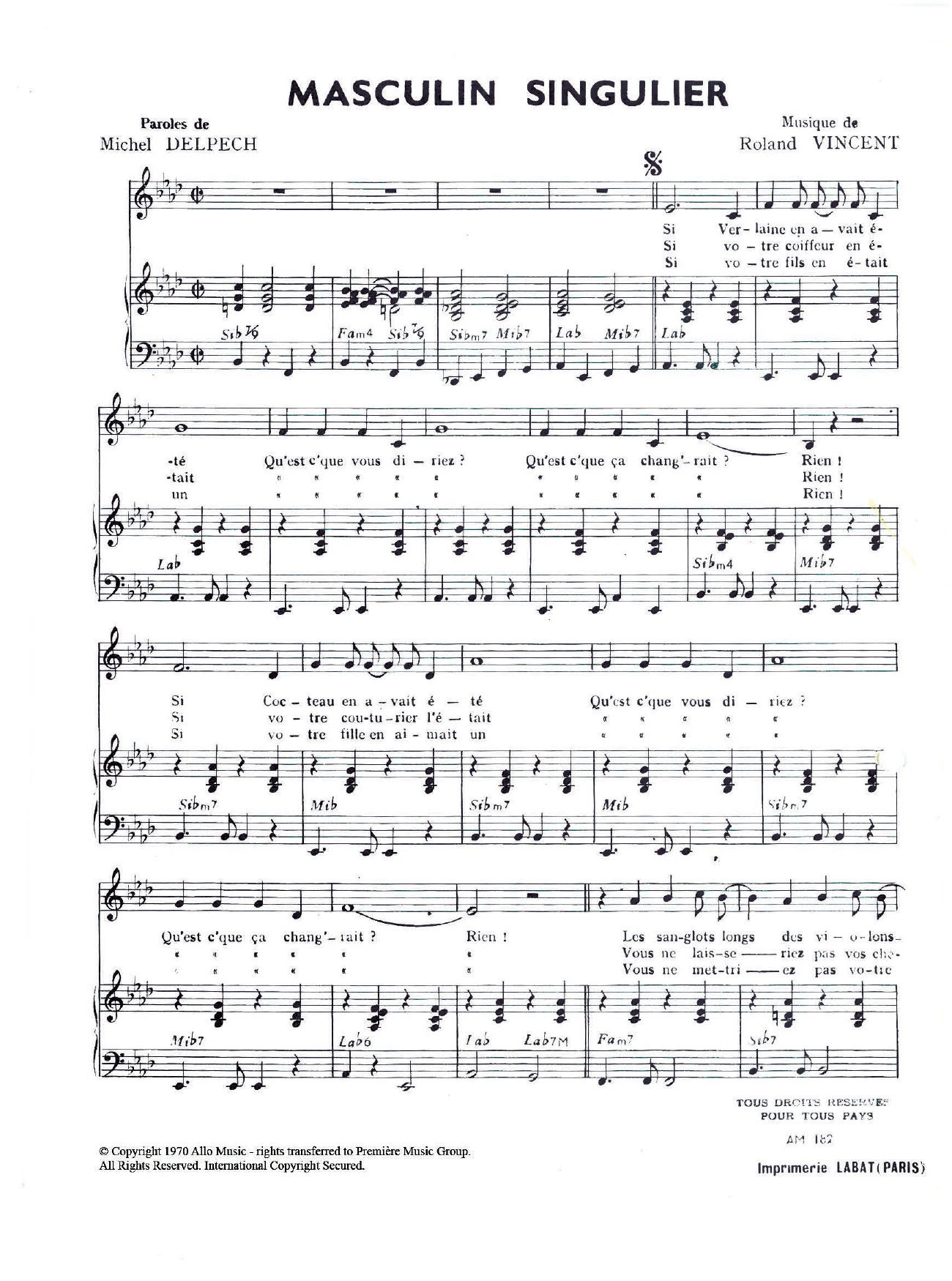 Download Michel Delpech Masculin Singulier Sheet Music and learn how to play Piano & Vocal PDF digital score in minutes