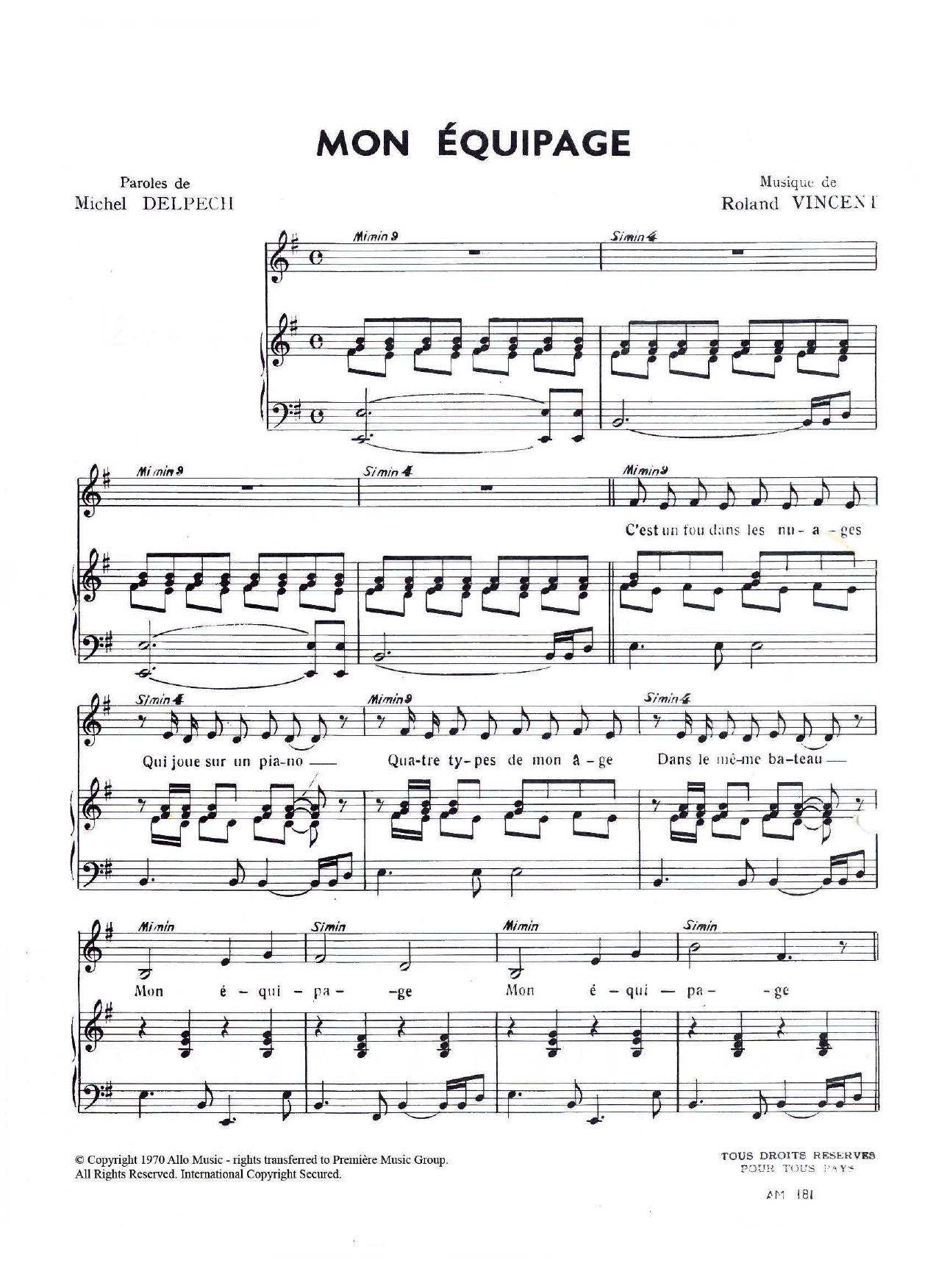 Download Michel Delpech Mon Equipage Sheet Music and learn how to play Piano & Vocal PDF digital score in minutes