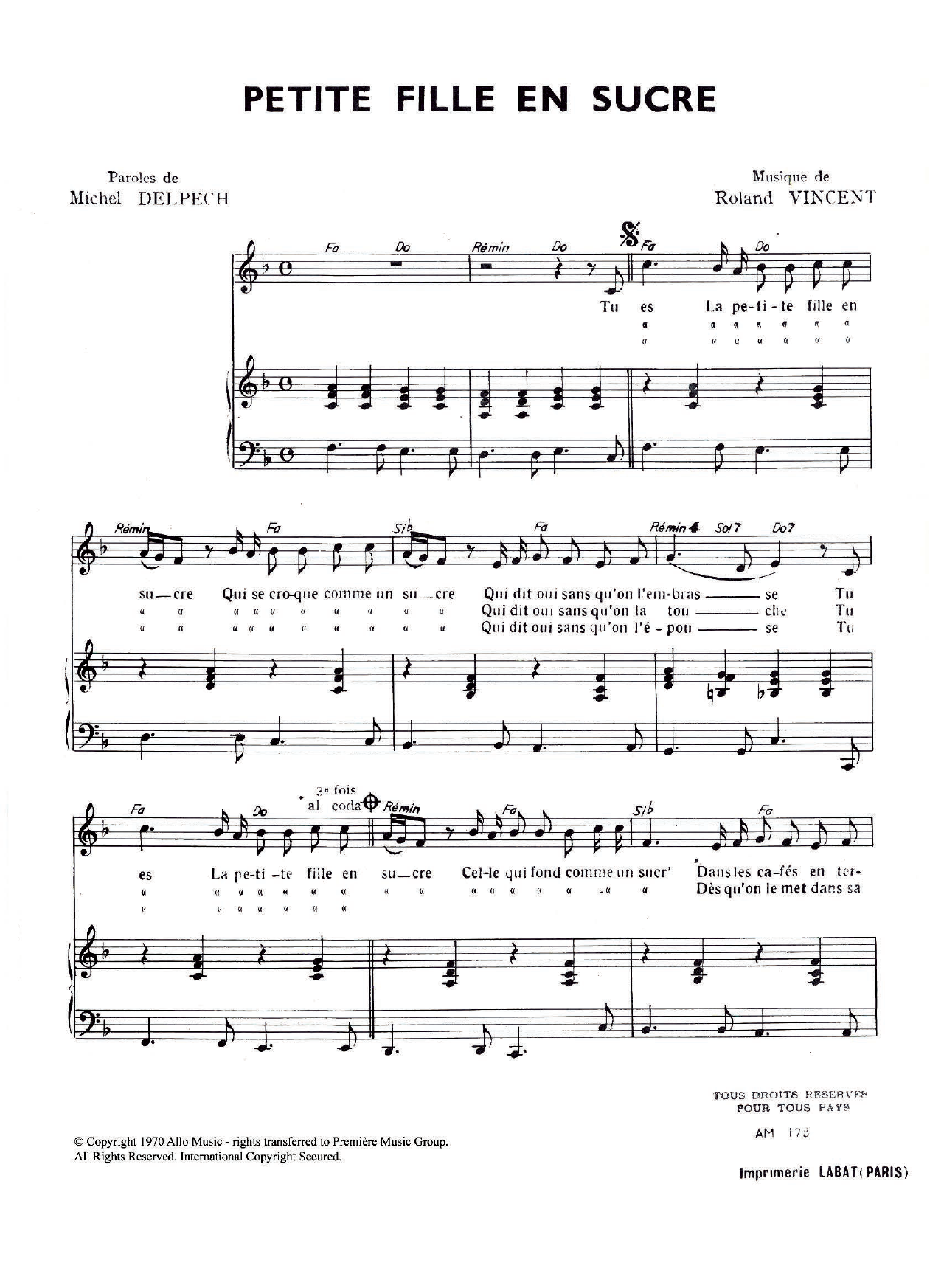Download Michel Delpech Petite Fille En Sucre Sheet Music and learn how to play Piano & Vocal PDF digital score in minutes