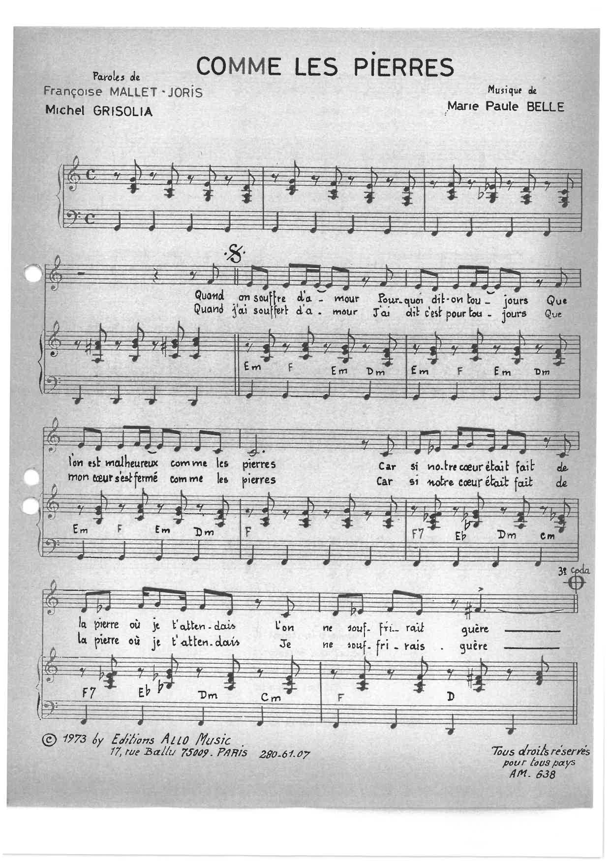 Download Michel Grisolia, Françoise Mallet-Joris and Marie Paule Belle Comme Les Pierres Sheet Music and learn how to play Piano & Vocal PDF digital score in minutes