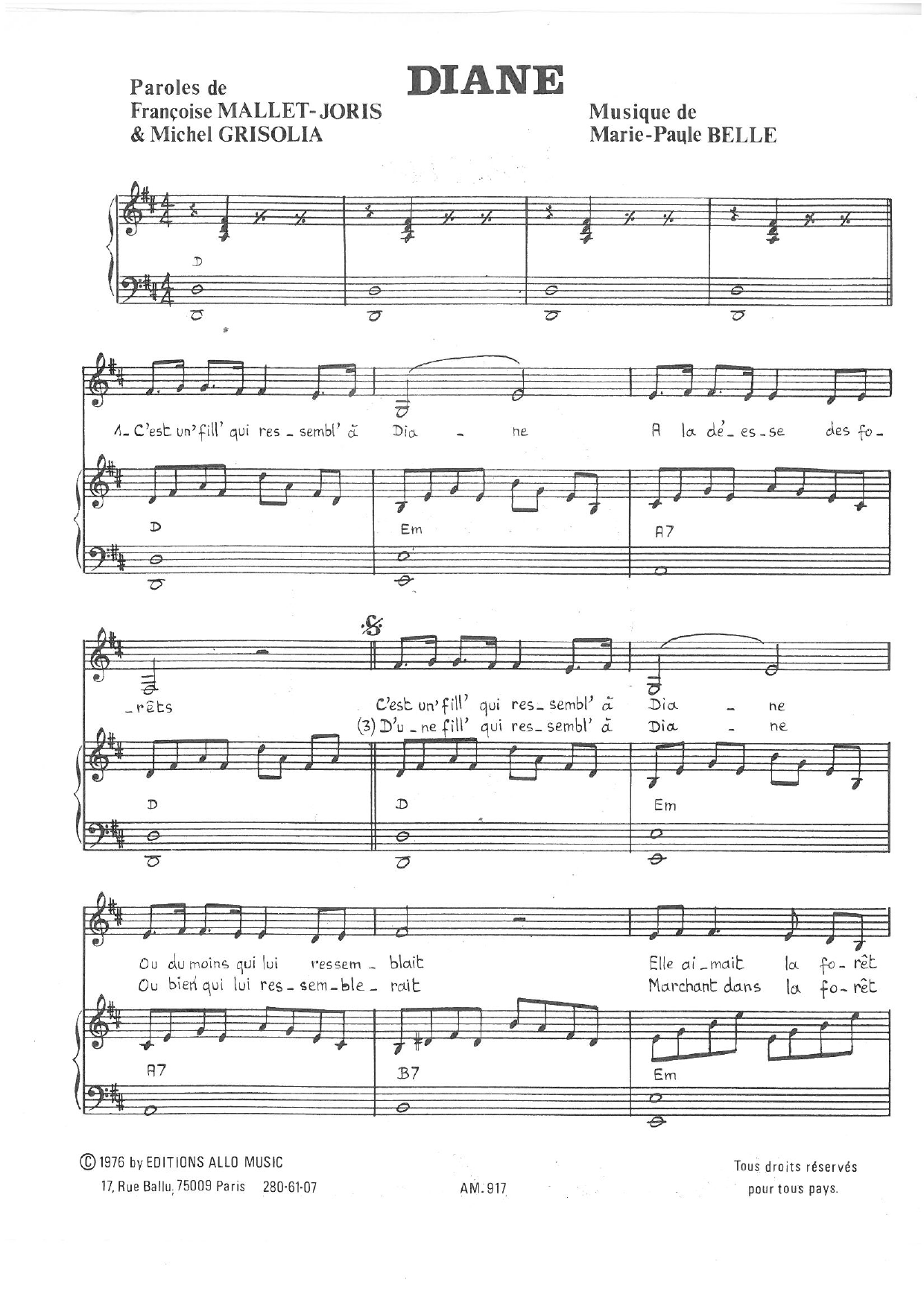 Download Michel Grisolia, Françoise Mallet-Joris and Marie Paule Belle Diane Sheet Music and learn how to play Piano & Vocal PDF digital score in minutes