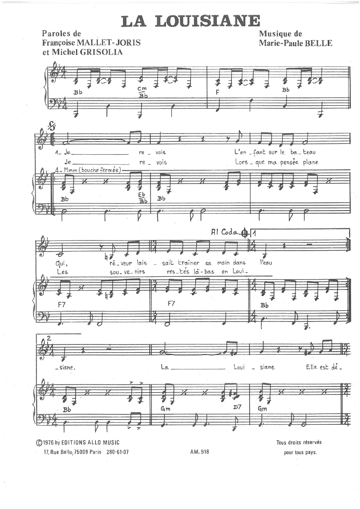 Download Michel Grisolia, Françoise Mallet-Joris and Marie Paule Belle La Louisiane Sheet Music and learn how to play Piano & Vocal PDF digital score in minutes