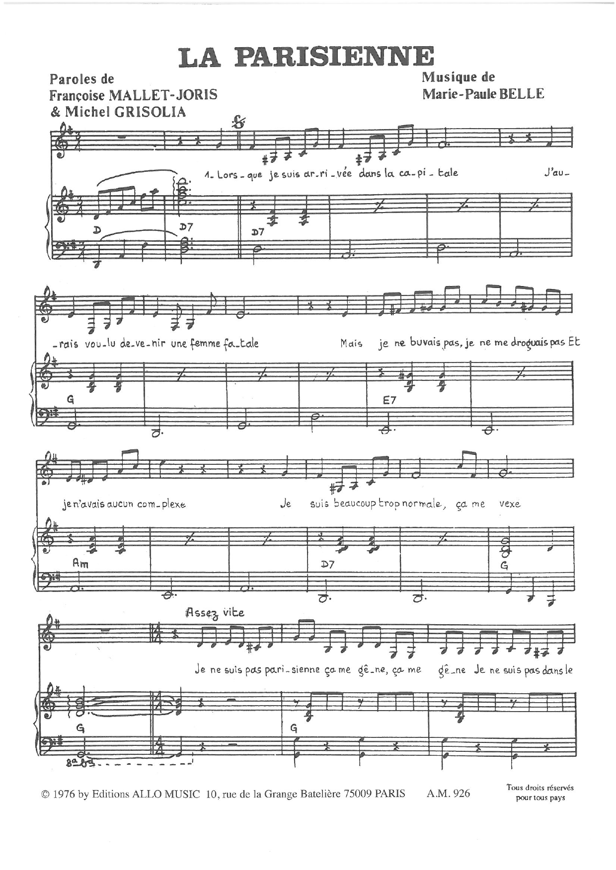 Download Michel Grisolia, Françoise Mallet-Joris and Marie Paule Belle La Parisienne Sheet Music and learn how to play Piano & Vocal PDF digital score in minutes