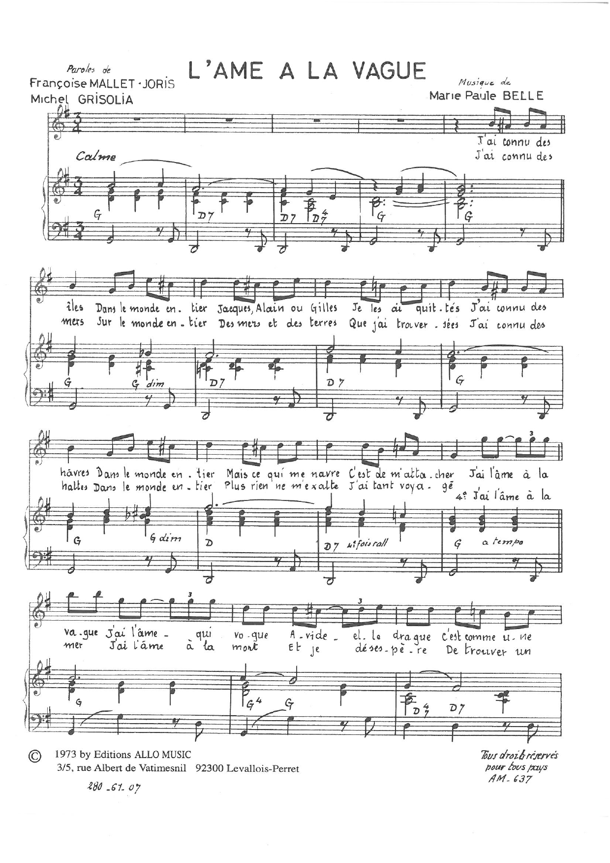 Download Michel Grisolia, Françoise Mallet-Joris and Marie Paule Belle L'ame A La Vague Sheet Music and learn how to play Piano & Vocal PDF digital score in minutes