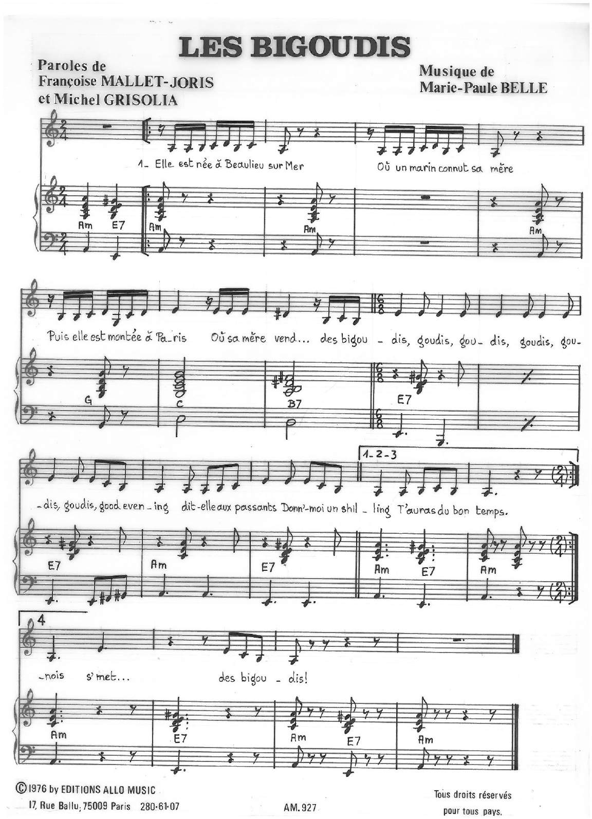 Download Michel Grisolia, Françoise Mallet-Joris, Marie Paule Belle Les Bigoudis Sheet Music and learn how to play Piano & Vocal PDF digital score in minutes
