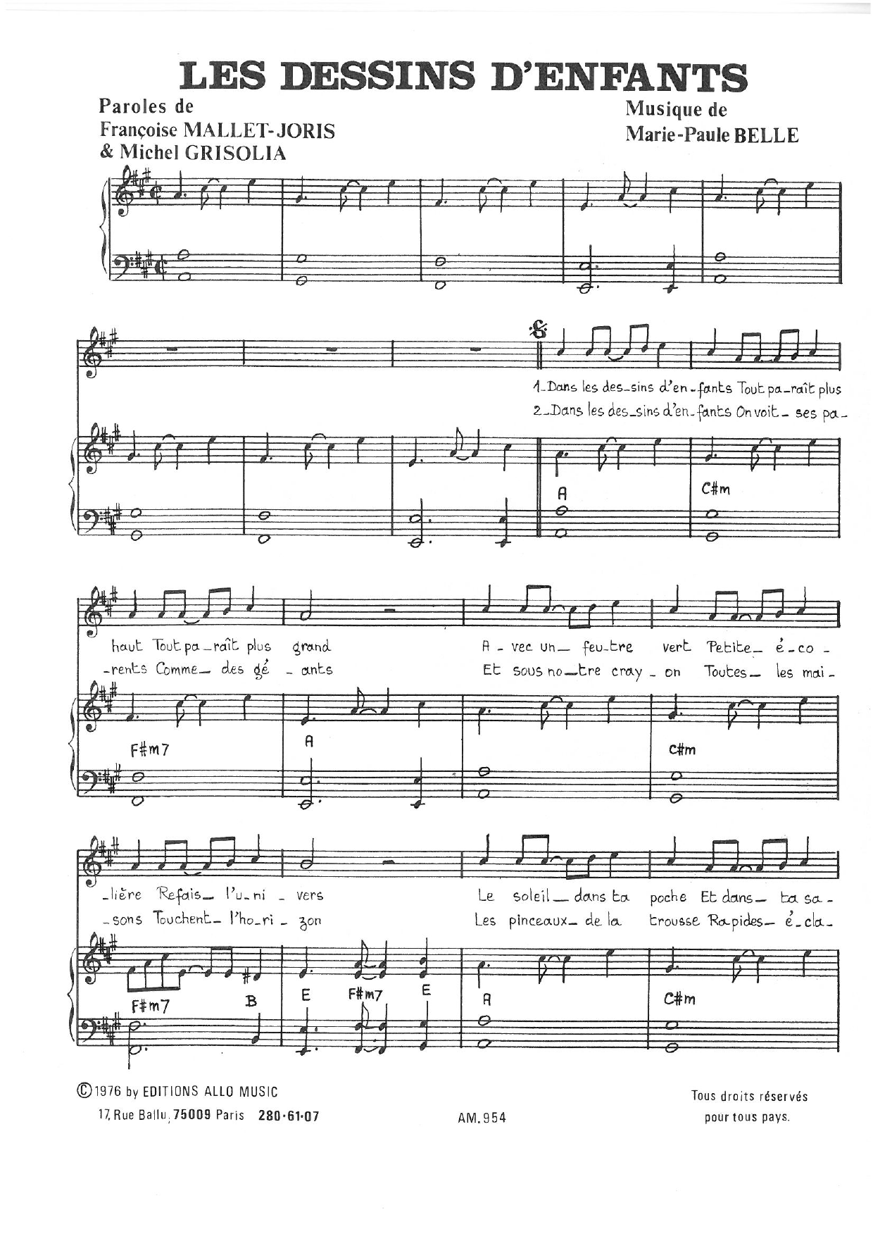 Download Michel Grisolia, Françoise Mallet-Joris, Marie Paule Belle Les Dessins D'enfants Sheet Music and learn how to play Piano & Vocal PDF digital score in minutes