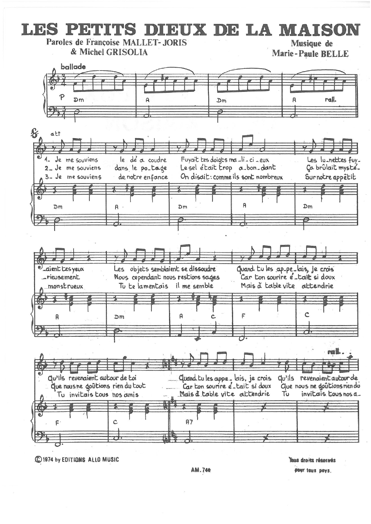 Download Michel Grisolia, Françoise Mallet-Joris, Marie Paule Belle Les Petits Dieux De La Maison Sheet Music and learn how to play Piano & Vocal PDF digital score in minutes