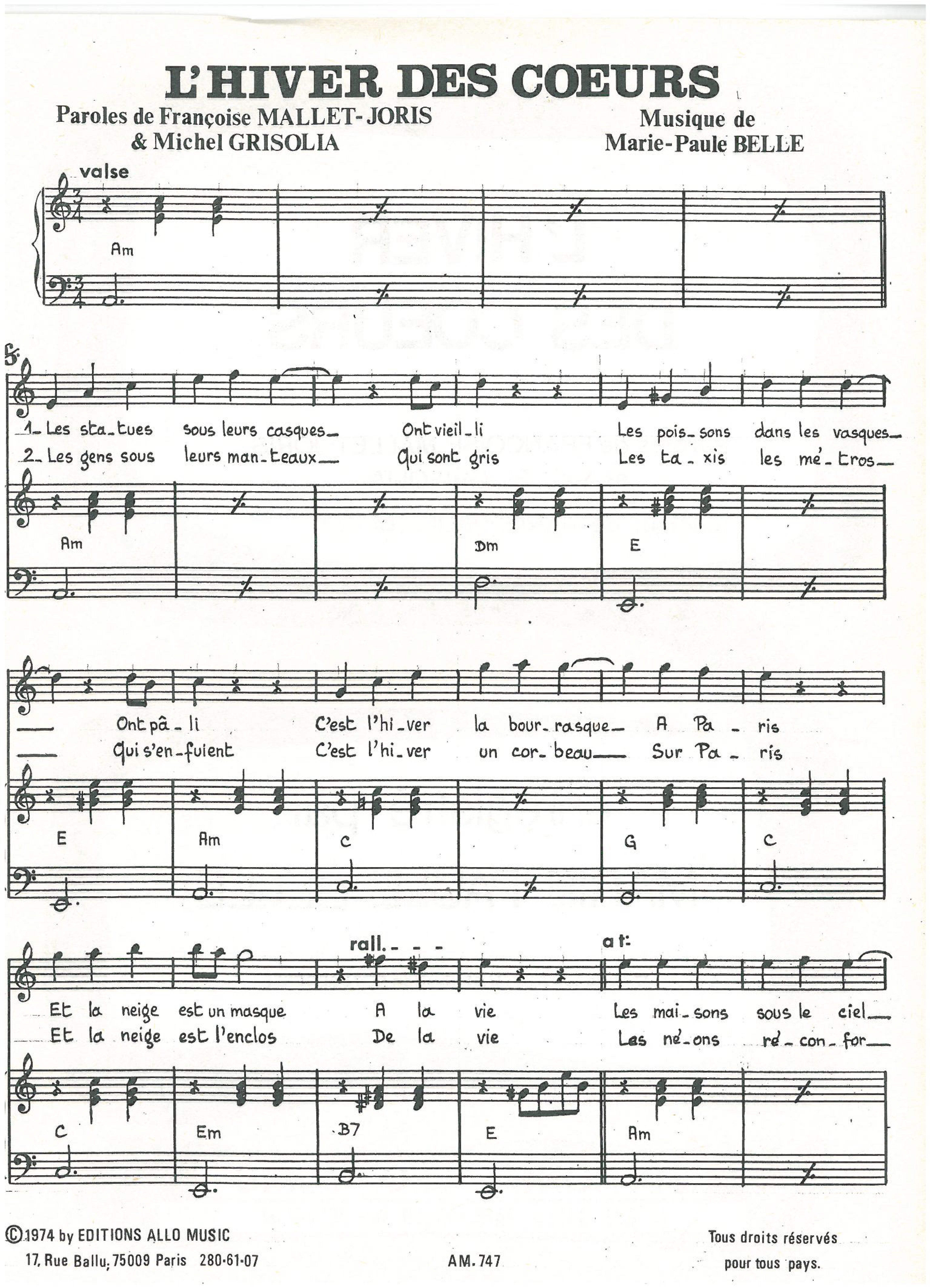 Download Michel Grisolia, Françoise Mallet-Joris, Marie Paule Belle L'hiver Des Coeurs Sheet Music and learn how to play Piano & Vocal PDF digital score in minutes