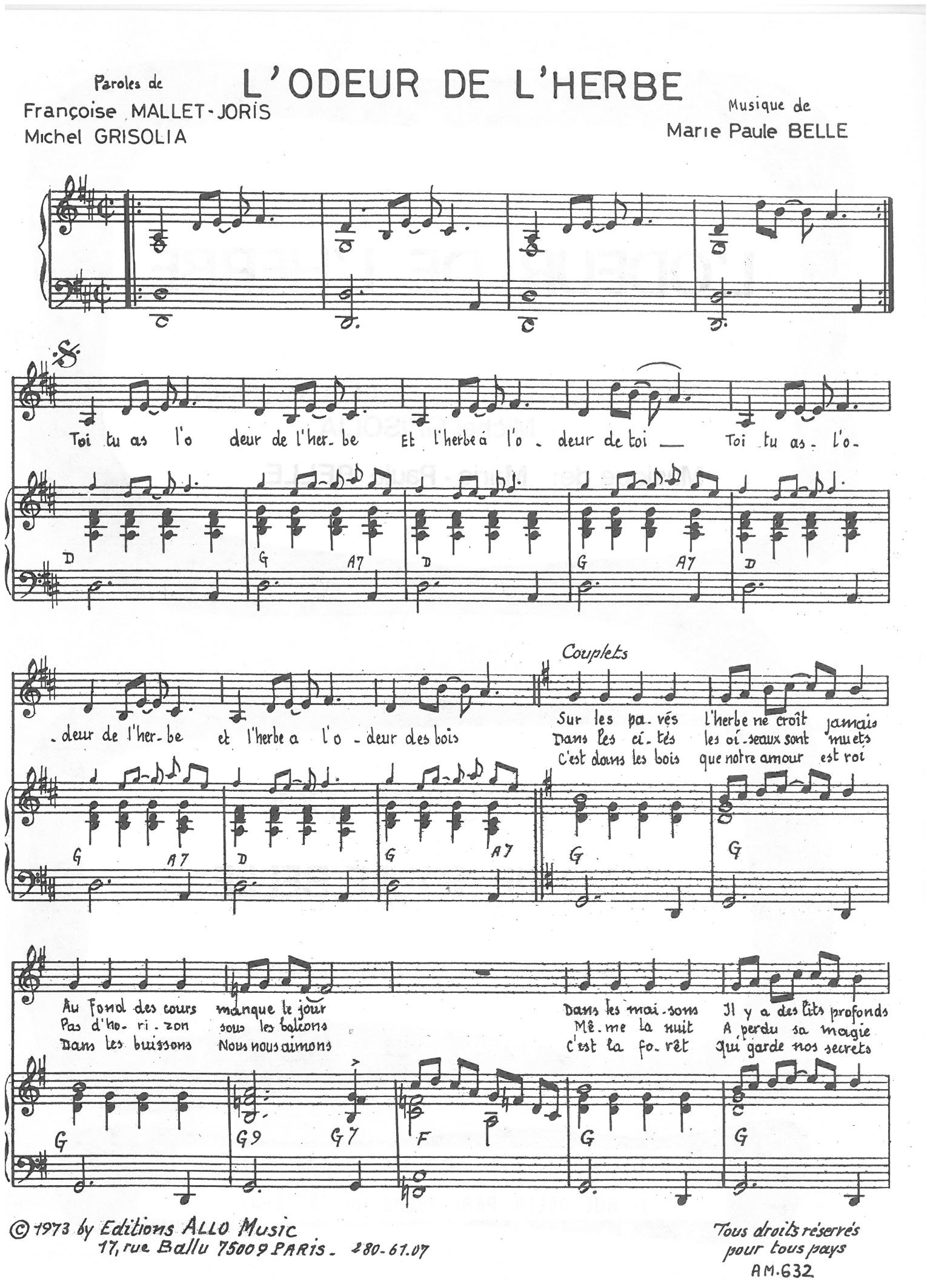 Download Michel Grisolia, Françoise Mallet-Joris, Marie Paule Belle L'Odeur De L'herbe Sheet Music and learn how to play Piano & Vocal PDF digital score in minutes