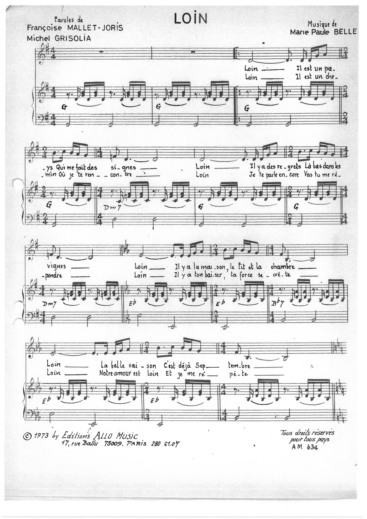 Download Michel Grisolia, Françoise Mallet-Joris, Marie Paule Belle Loin Sheet Music and learn how to play Piano & Vocal PDF digital score in minutes
