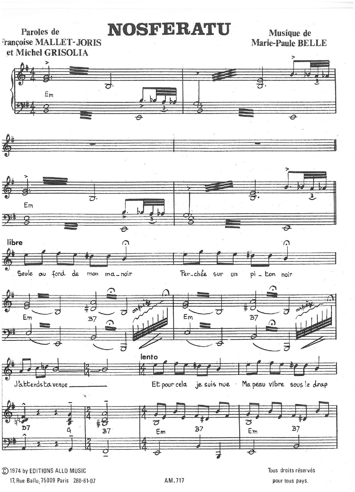 Download Michel Grisolia, Françoise Mallet-Joris, Marie Paule Belle Nosferatu Sheet Music and learn how to play Piano & Vocal PDF digital score in minutes