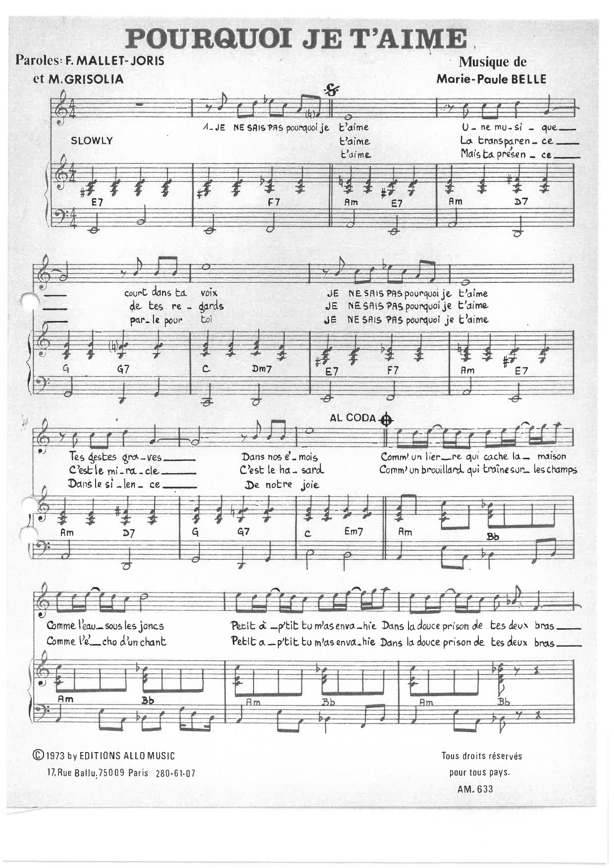Download Michel Grisolia, Françoise Mallet-Joris, Marie Paule Belle Pourquoi Je T'aime Sheet Music and learn how to play Piano & Vocal PDF digital score in minutes