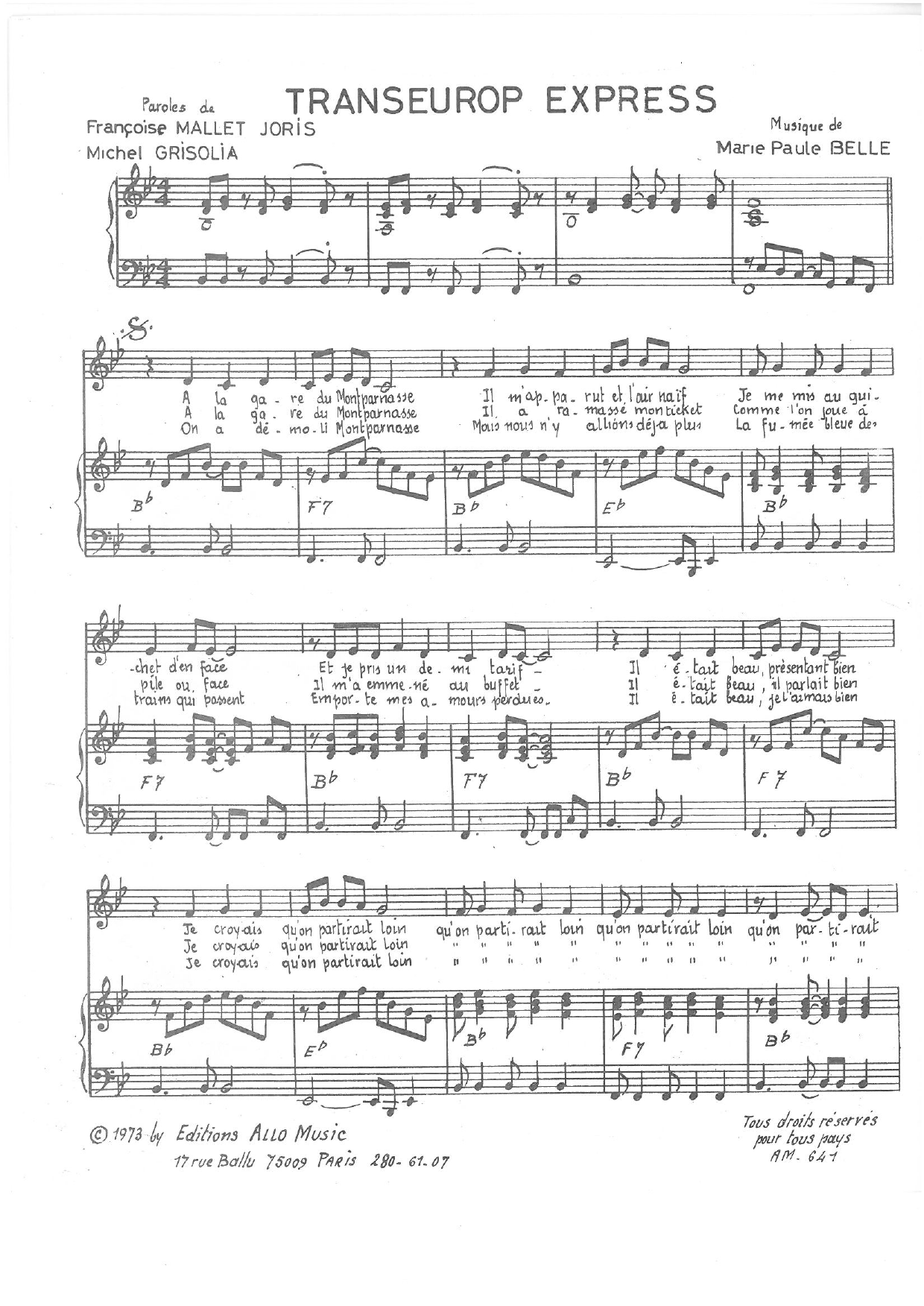 Download Michel Grisolia, Françoise Mallet-Joris, Marie Paule Belle Transeurop Express Sheet Music and learn how to play Piano & Vocal PDF digital score in minutes