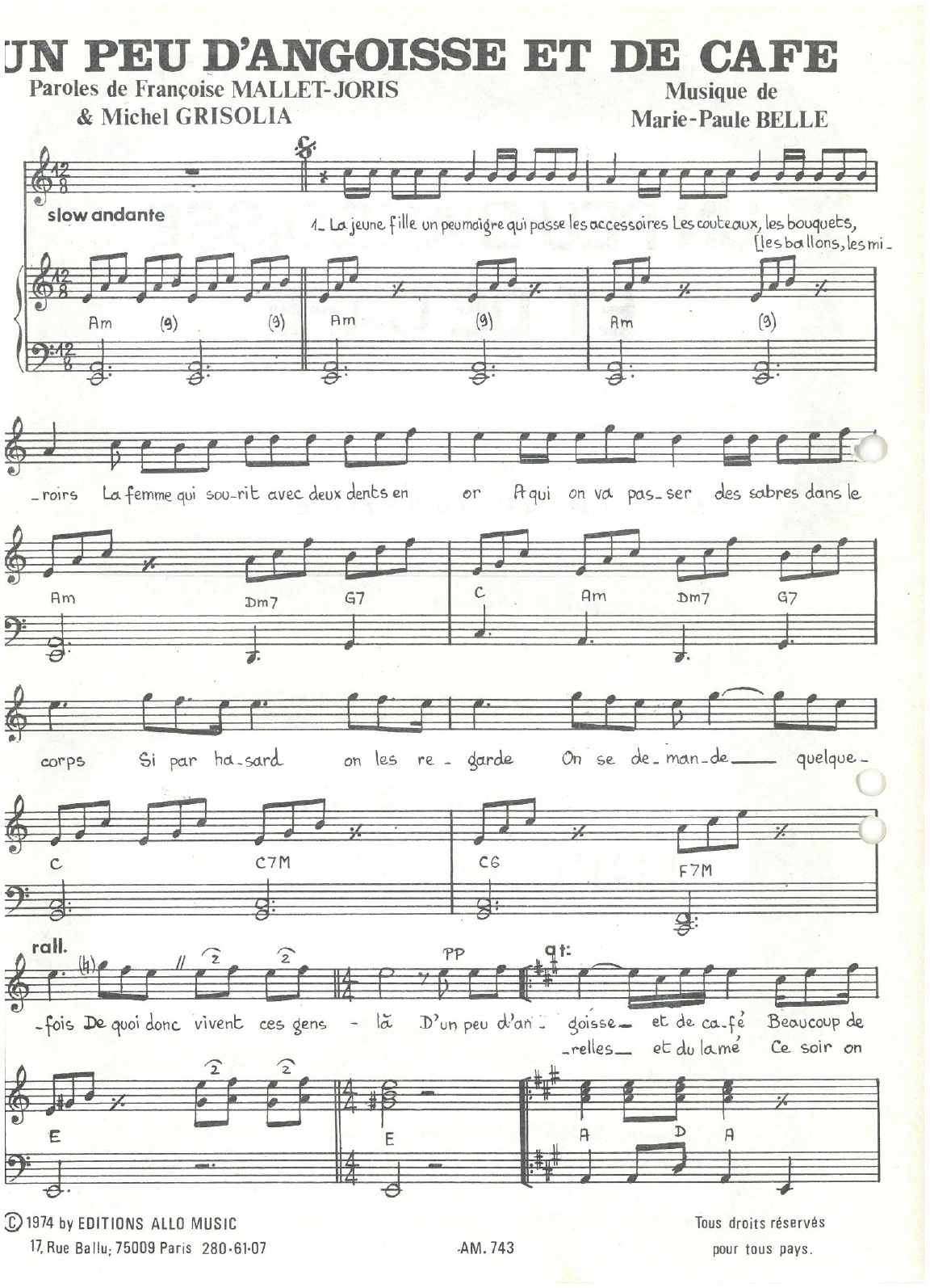 Download Michel Grisolia, Françoise Mallet-Joris, Marie Paule Belle Un Peu D'angoisse Et De Cafe Sheet Music and learn how to play Piano & Vocal PDF digital score in minutes