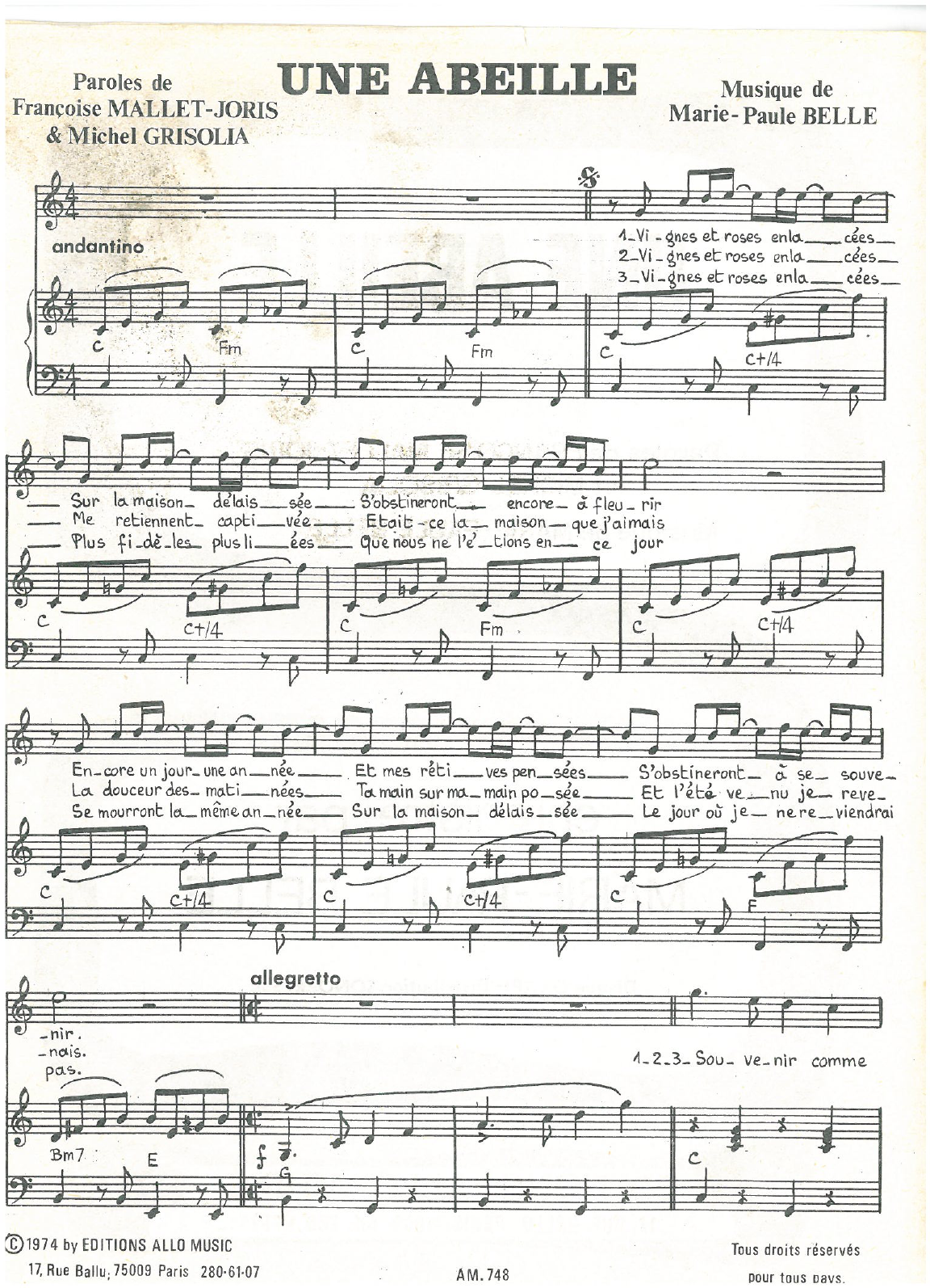 Download Michel Grisolia, Françoise Mallet-Joris, Marie Paule Belle Une Abeille Sheet Music and learn how to play Piano & Vocal PDF digital score in minutes