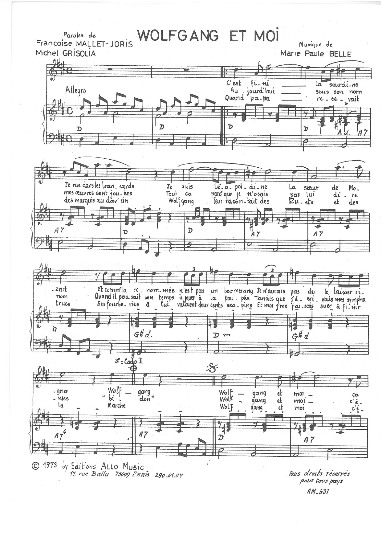 Download Michel Grisolia, Françoise Mallet-Joris, Marie Paule Belle Wolgfang Et Moi Sheet Music and learn how to play Piano & Vocal PDF digital score in minutes