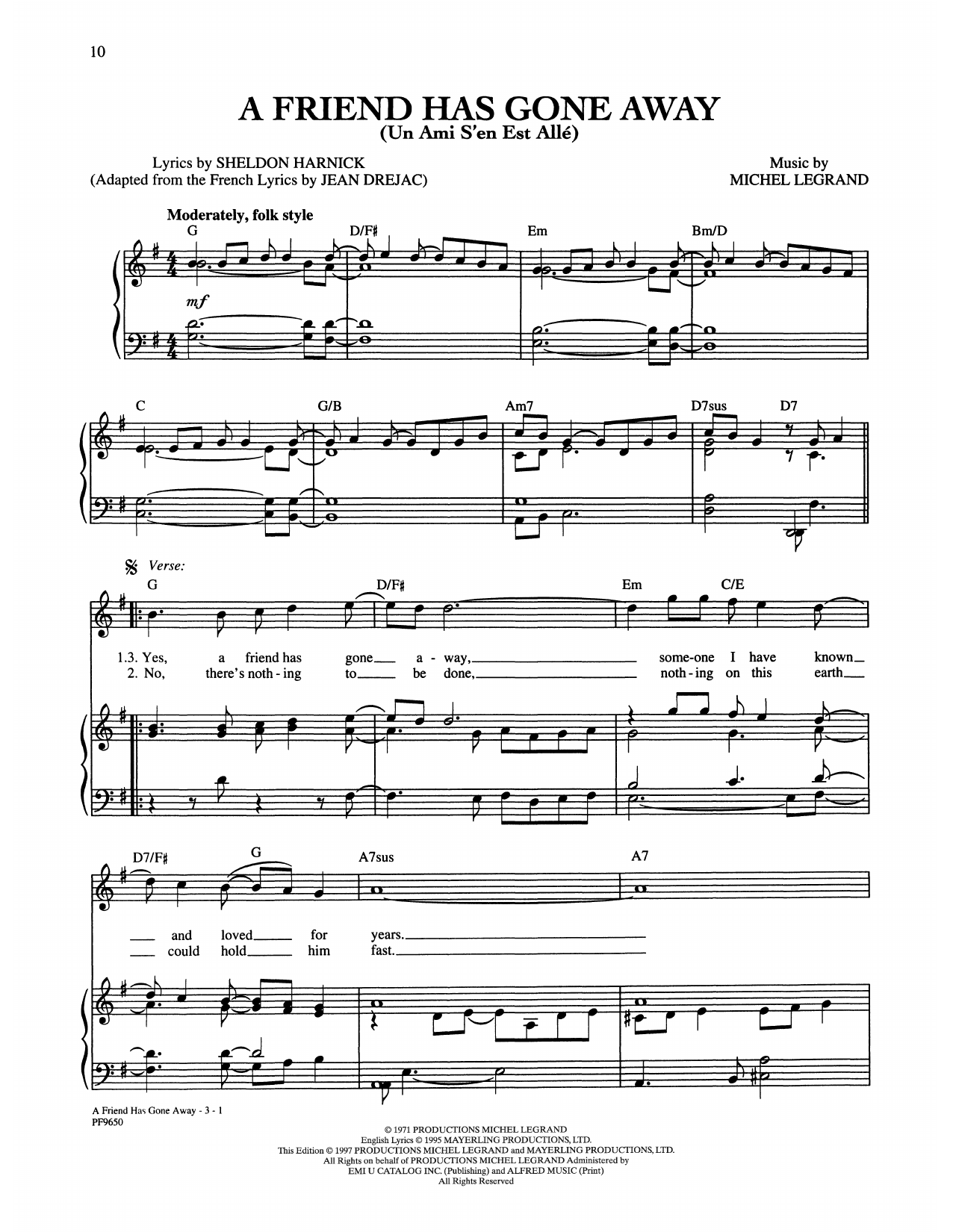 Download Michel Legrand and Sheldon Harnick A Friend Has Gone Away Sheet Music and learn how to play Piano, Vocal & Guitar Chords (Right-Hand Melody) PDF digital score in minutes
