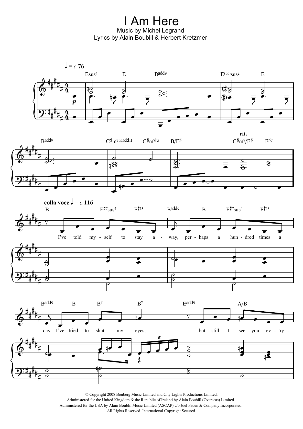 Download Michel Legrand I Am Here (from 'Marguerite') Sheet Music and learn how to play Piano, Vocal & Guitar PDF digital score in minutes