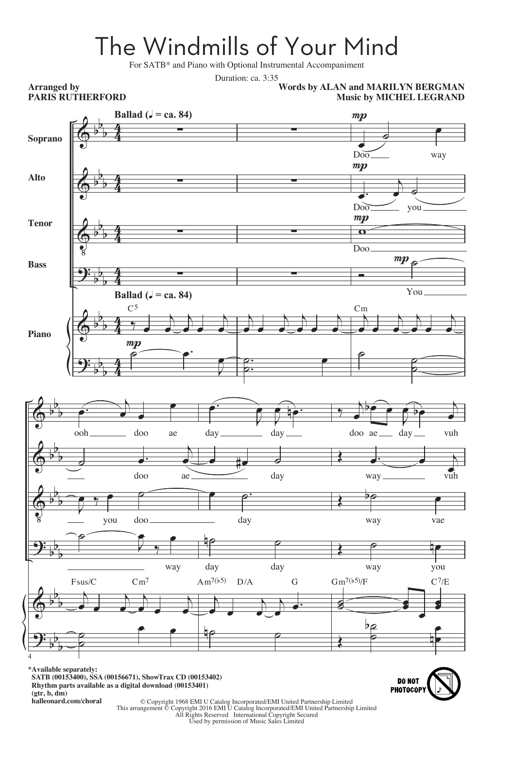 Download Paris Rutherford The Windmills Of Your Mind Sheet Music and learn how to play SSA PDF digital score in minutes