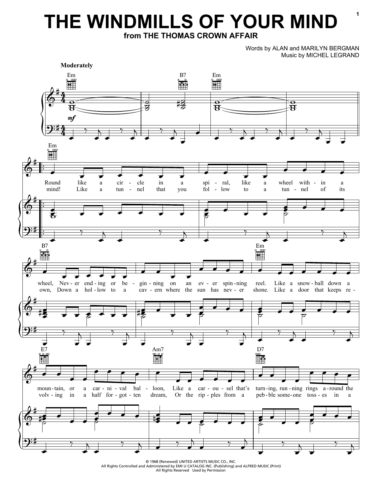 Download Marilyn Bergman The Windmills Of Your Mind Sheet Music and learn how to play Ukulele PDF digital score in minutes