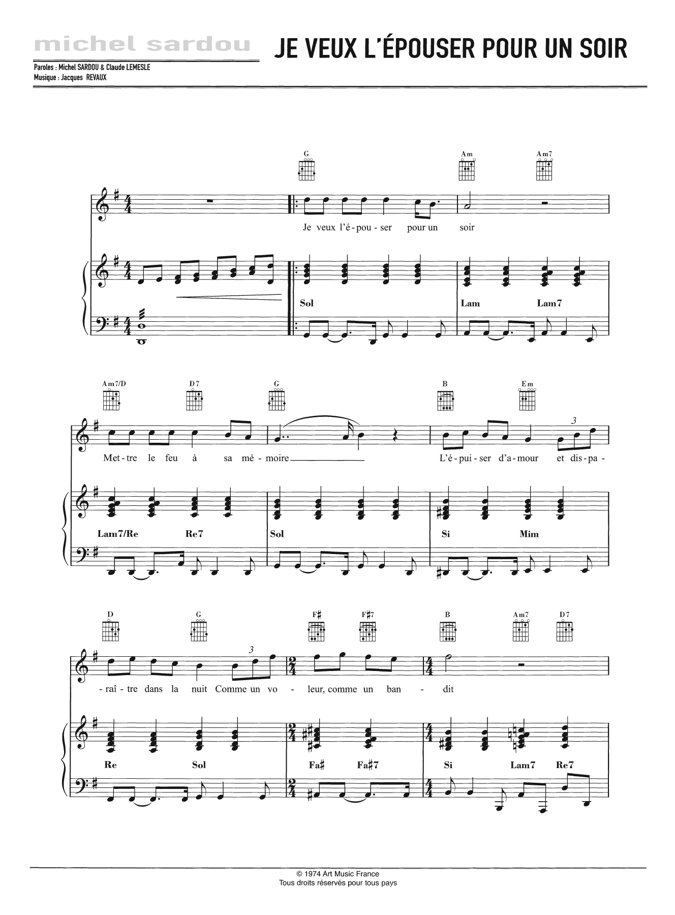 Download Michel Sardou Je Veux L'Épouser Pour Un Soir Sheet Music and learn how to play Piano, Vocal & Guitar PDF digital score in minutes