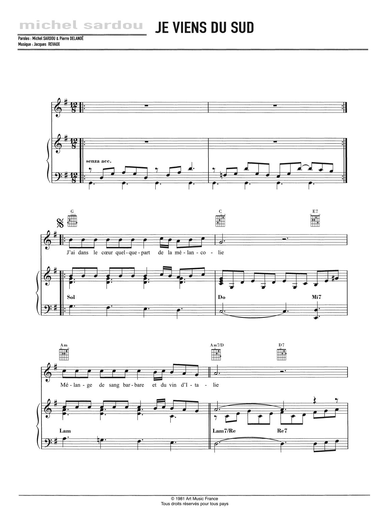 Download Michel Sardou Je Viens Du Sud Sheet Music and learn how to play Piano, Vocal & Guitar PDF digital score in minutes