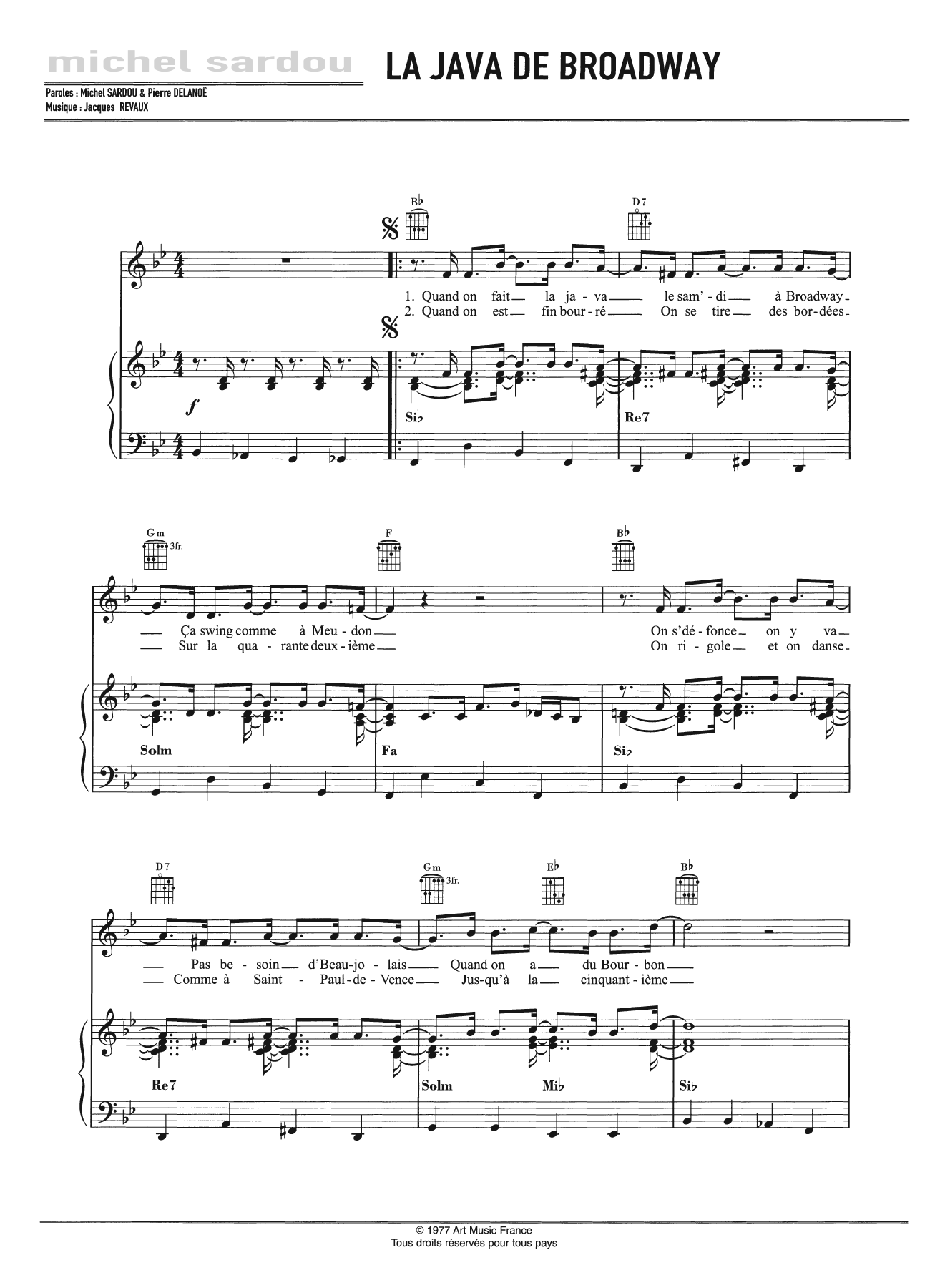 Download Michel Sardou La Java De Broadway Sheet Music and learn how to play Piano, Vocal & Guitar PDF digital score in minutes