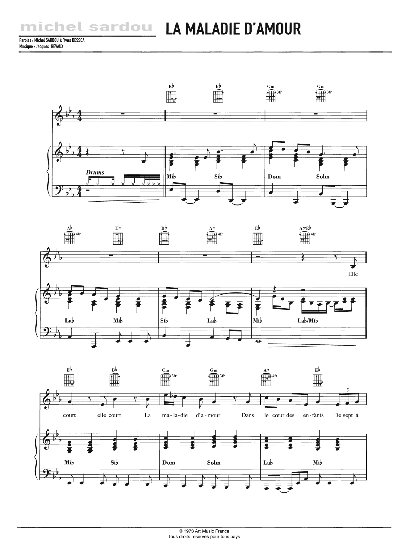 Download Michel Sardou La Maladie D'Amour Sheet Music and learn how to play Piano, Vocal & Guitar PDF digital score in minutes