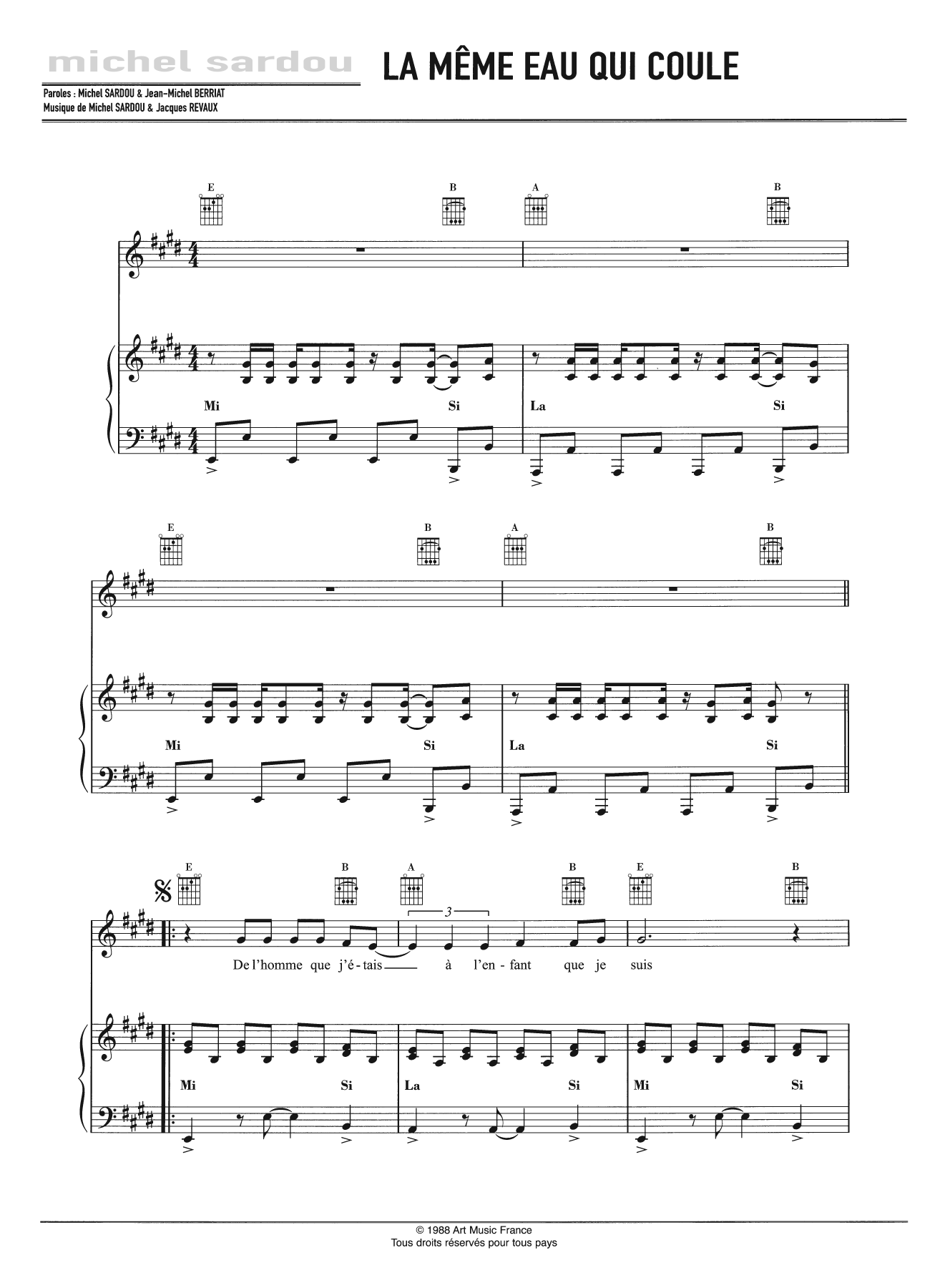 Download Michel Sardou La Même Eau Qui Coule Sheet Music and learn how to play Piano, Vocal & Guitar PDF digital score in minutes