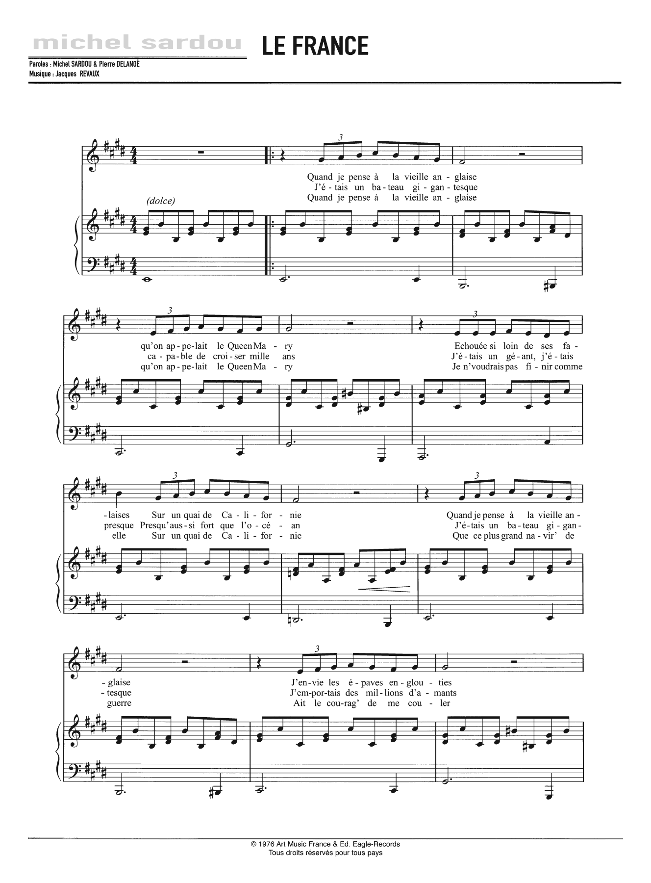 Download Michel Sardou Le France Sheet Music and learn how to play Piano, Vocal & Guitar PDF digital score in minutes