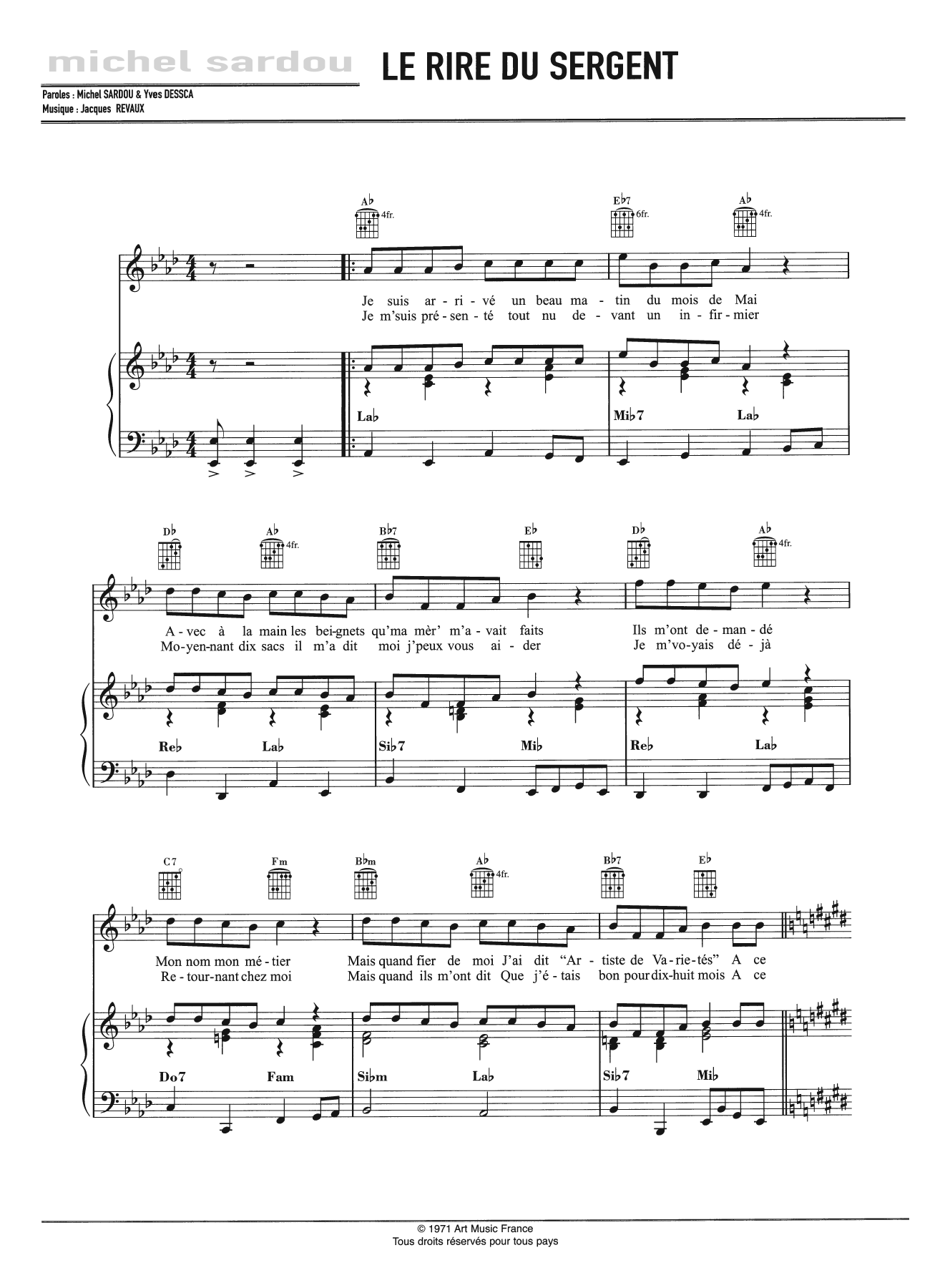 Download Michel Sardou Le Rire Du Sergent Sheet Music and learn how to play Piano, Vocal & Guitar PDF digital score in minutes